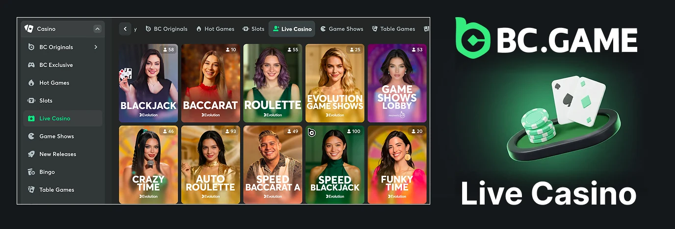 BC Game live casino tables with real dealers
