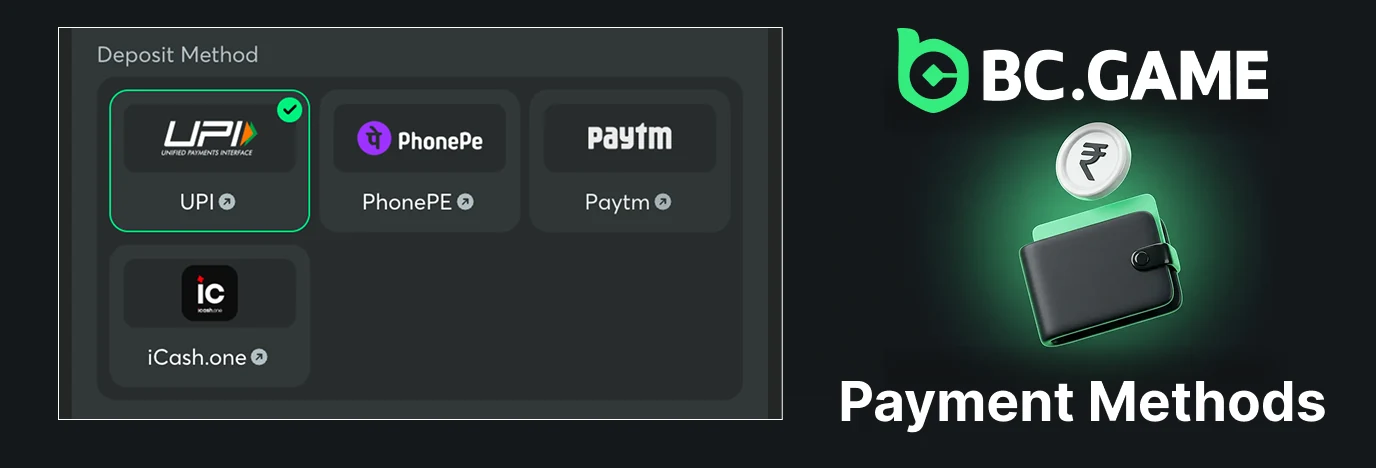 BC Game payment methods in India with UPI and crypto